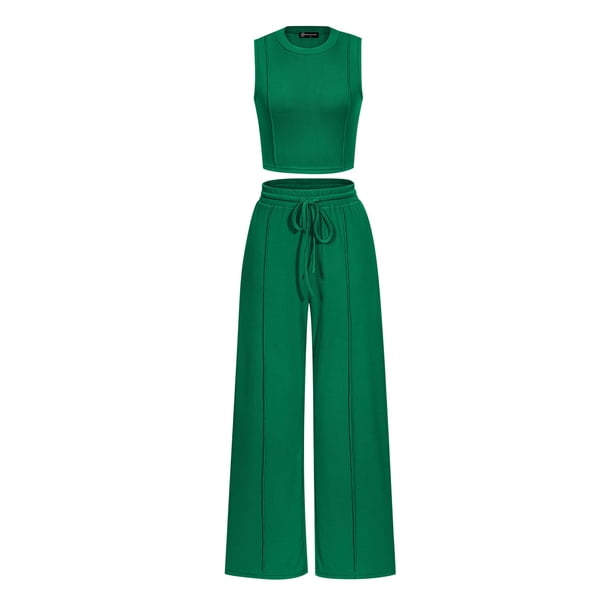 Conjunto de Ropa Casual para Mujer PRETTYGARDEN Top Corto y Pantalones XL Verde