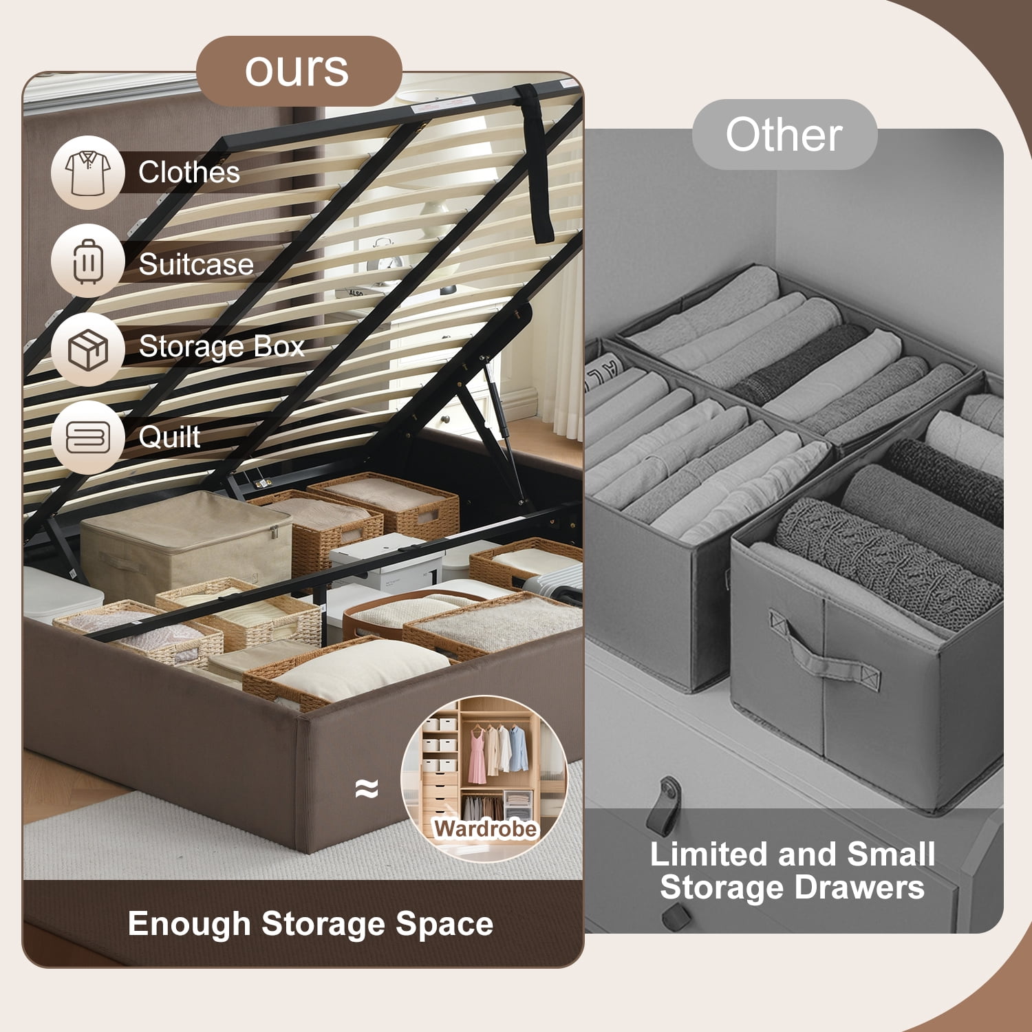 King Size Bed Frame with Lift Up Storage, Corduroy Upholstered Platform Bed with Wingback Headboard, No Box Spring Needed, Hydraulic Storage, Coffee