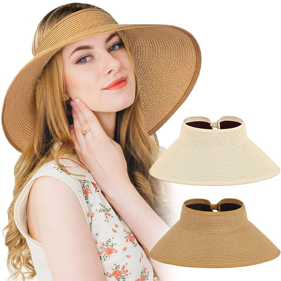 BadPiggies Foldable Straw Sun Hat for Women, UV Protecetion Wide Brim Sun Visors Adjustable Topless Beach Hats