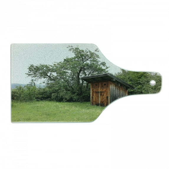 Outhouse Cutting Board, Wooden Little Hut Barn Shed Cottage in Nature Forest Image, Decorative Tempered Glass Cutting and Serving Board, Wine Bottle Shape, Green Brown Forest Green, by Ambesonne
