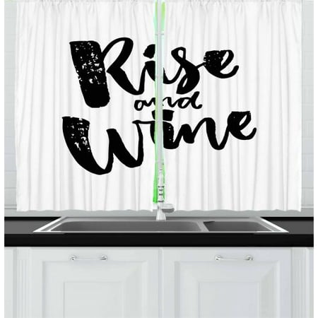 Funny Words Curtains 2 Panels Set, Rise and Wine Brush Calligraphy Quote Humorous Saying Drink Motivation Fun, Window Drapes for Living Room Bedroom, 55W X 39L Inches, Black and White, by