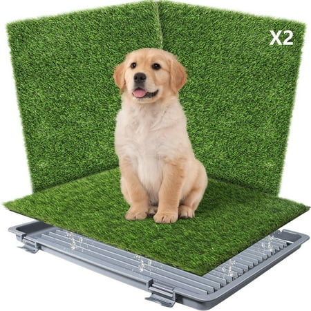 Dog Grass Pad with Tray Reusable Training Pad with Replaceable Artificial Grass Quick Absorbent Indoor Portable Dog Patio Potty Washable Pee Pad For Puppy (Gray Tray + 2 Grass Pads for Replacement)
