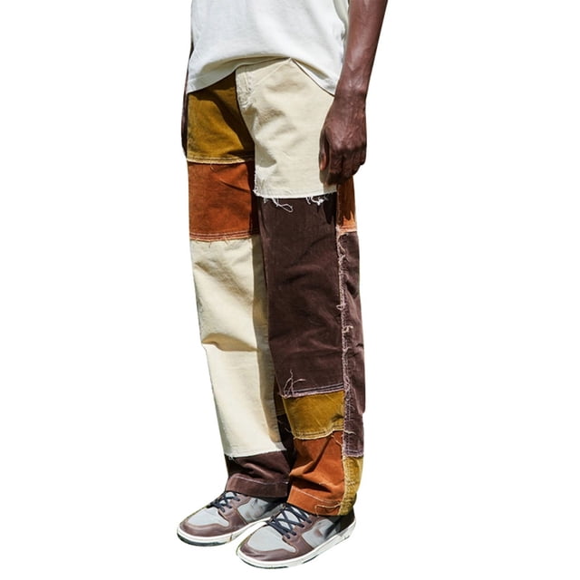ITFABS Men's Straight Leg Jeans Frayed Patchwork Color Block Relaxed Fit Denim Pants