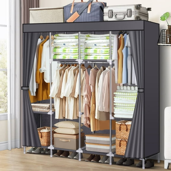 Portable Closet, Extra Large Wardrobe with Zippered Cover, 4 Hanging Rods & 8 Shelves, Sturdy Storage Organizer for Home
