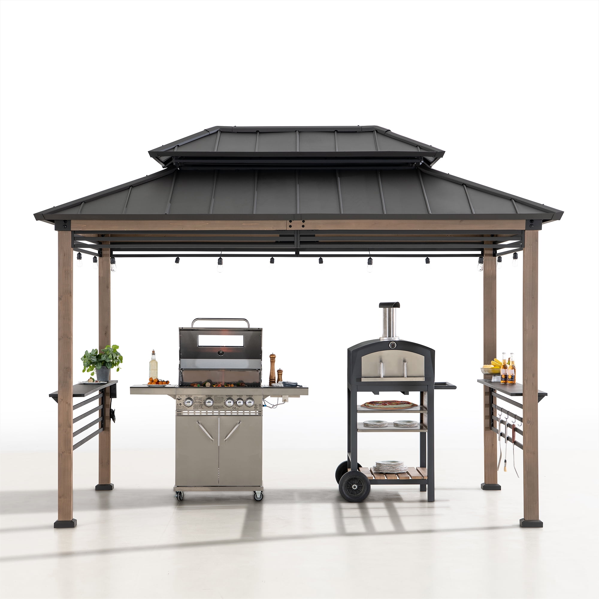 SUNJOY 8x12 ft Extra-Tall Cedar Grill Gazebo with Ventilated Roof, AC Power & Shelves, Brown