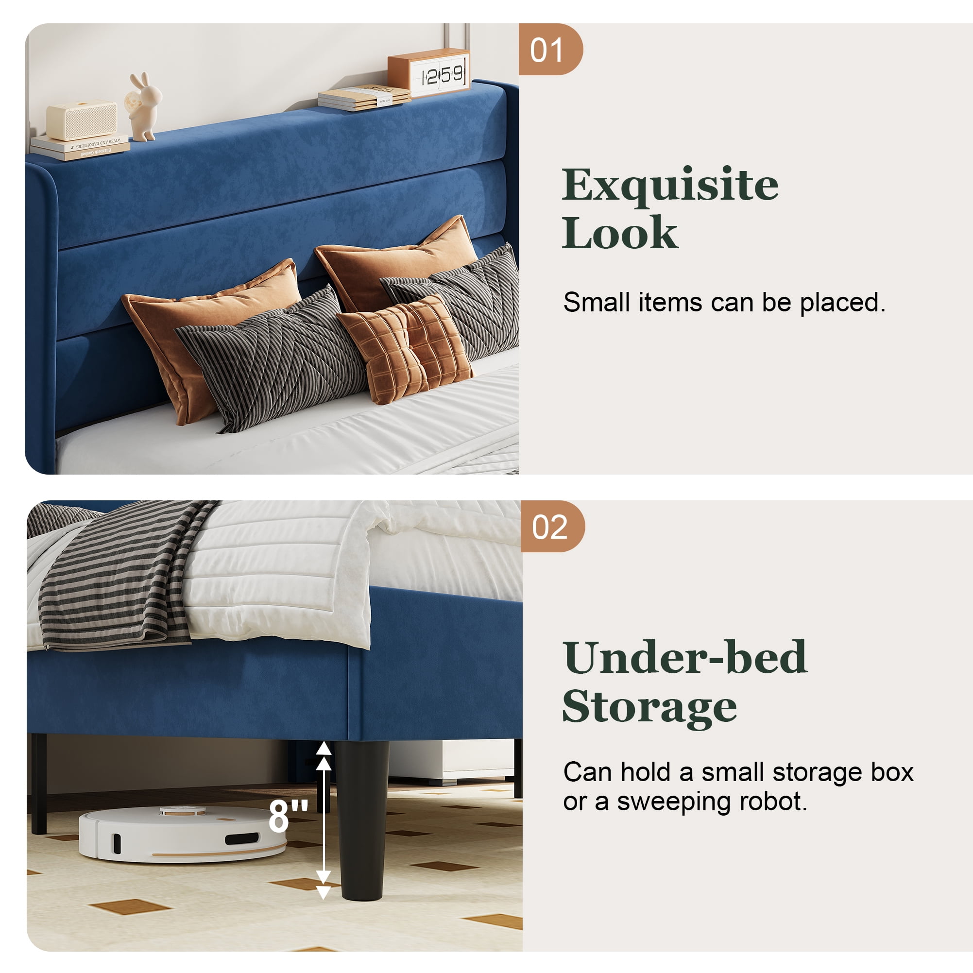 Amolife King Size Platform Bed Frame with Velvet Upholstered Wingback Headboard, No Box Spring Needed, Dark Blue