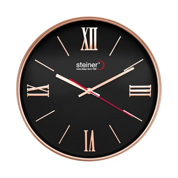 Reloj De Pared Elegante Steiner Análogo Números Romanos 30 cm Black & Rose Gold