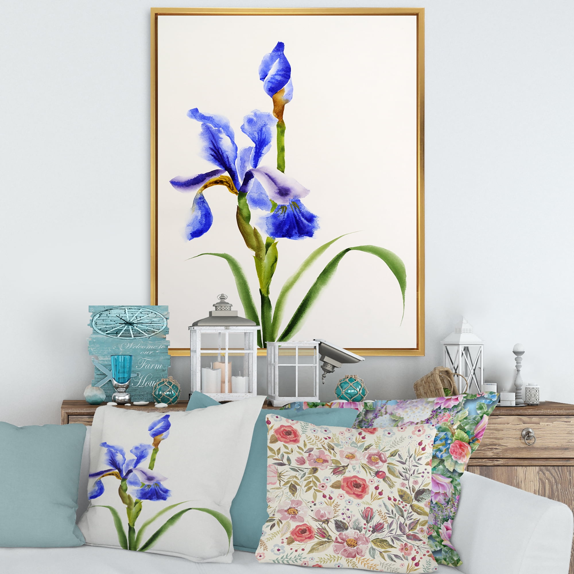 Designart 'Blue Iris Flower Retro Style' Traditional Framed Canvas Wall Art Print