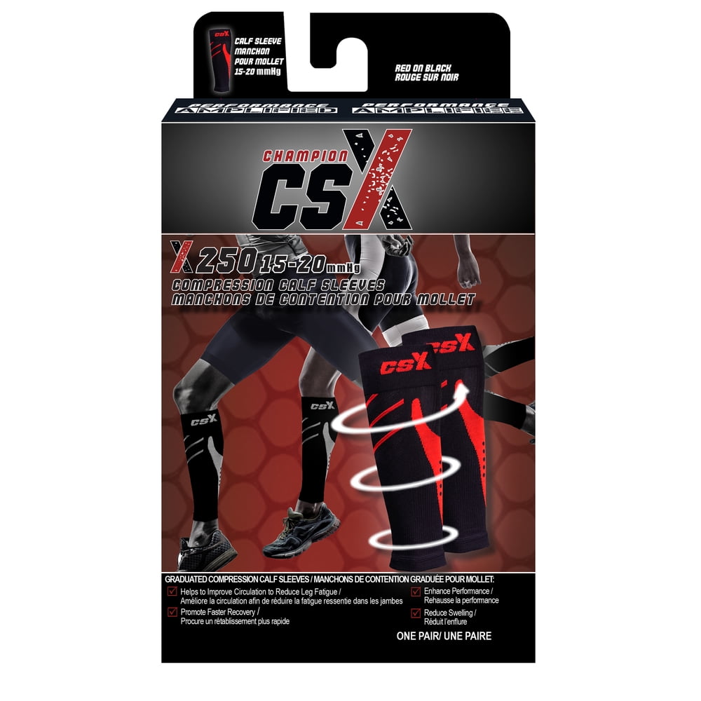 CSX Calf Sleeves, 15-20 mmHg Compression, Red on Black, Medium