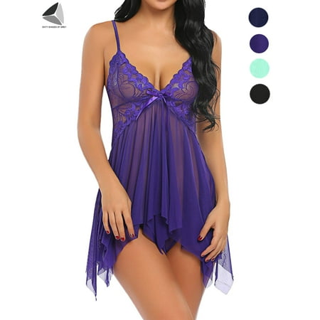 PULLIMORE Womens Sexy Lingerie Set Floral V Neck Split Hem Lace Nightdress Babydoll Sleepwear with G-Strings Thong (XL  Purple)