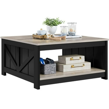 WSSYzyzf Farmhouse Coffee Table, Square Wooden Coffee Table for Living Room with Open Storage Shelf, 35.4 in Living Room Center Table for Home, Office, Reception Room, Gray & Black