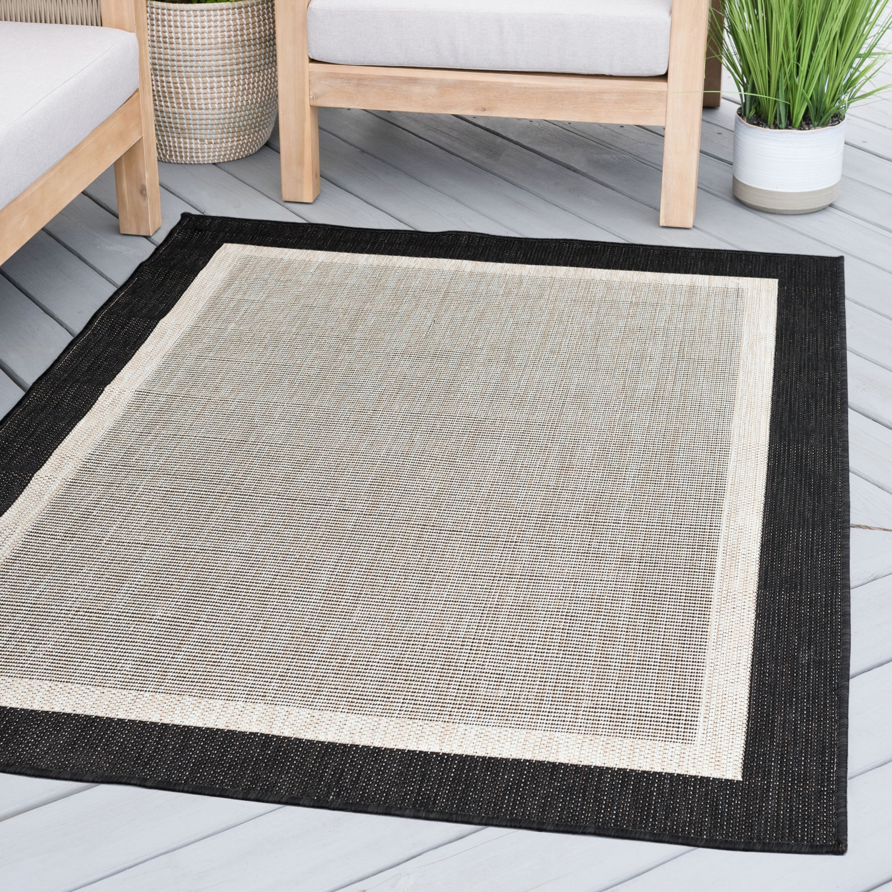 9x12 Water Resistant, Large Indoor Outdoor Rugs for Patios, Front Door Entry, Entryway, Deck, Porch, Balcony | Outside Area Rug for Patio | Black, Solid Border | Size: 8'9'' x 12'2''