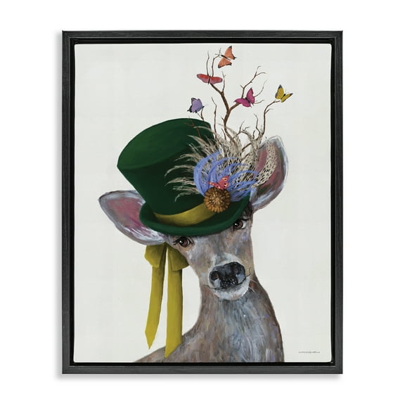 Stupell Industries Deer with Butterfly Hat Animals & Insects Painting Black Floater Framed Canvas Art Print Wall Art, 17 x 21