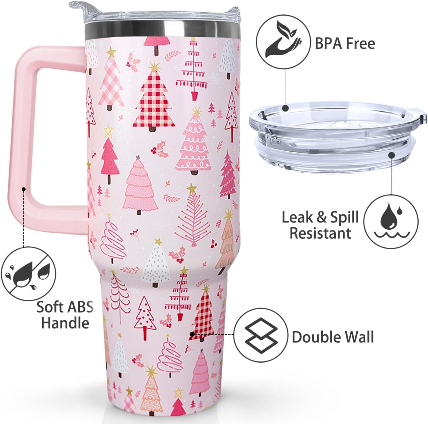 40 Oz Pink Christmas Tree Tumbler With Handle,Christmas Tree Coffee Travel Mug Cup,Christmas Decor,Christmas Gifts for Women
