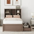 thumbnail image 2 of Modern Twin Bed Frame w/ USB, Bookcase Headboard &amp; 2 Drawers - Walnut - Bedroom Furniture. Sturdy Particle Board &amp; Wood, 87"x43", No Box Spring Needed., 2 of 15