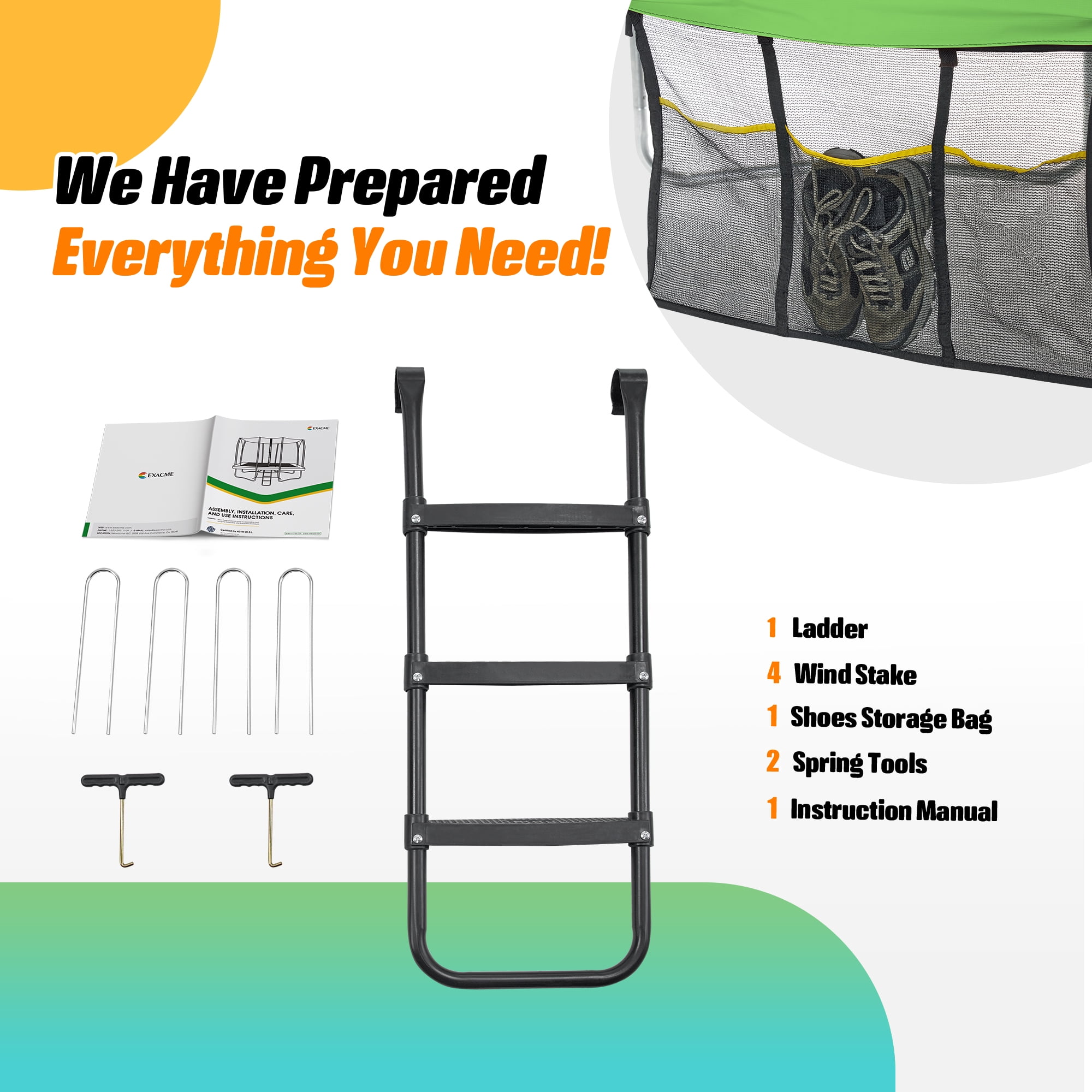 Exacme 7 x 10 FT Outdoor Rectangle Trampoline for Kids, 330lb Capacity Recreational Trampolione with 4 Wind Stakes, Storage Bag, Ladder(Green)