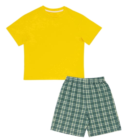 NIPAXO Boys Short Sets Vibrant Yellow T-Shirt and Green Plaid Shorts 2-Piece Summer Outfit Casual Activewear for Boys, Sizes 4-5 years old