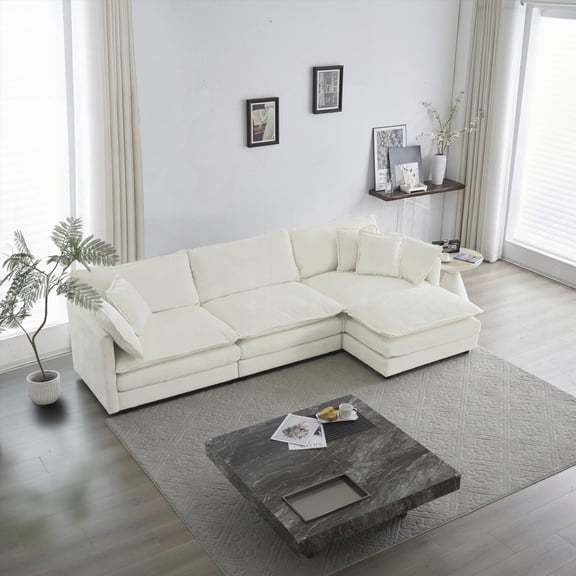 Modern Oversized L-Shaped Sectional Sofa with Reversible Ottoman in White Chenille for Living Room