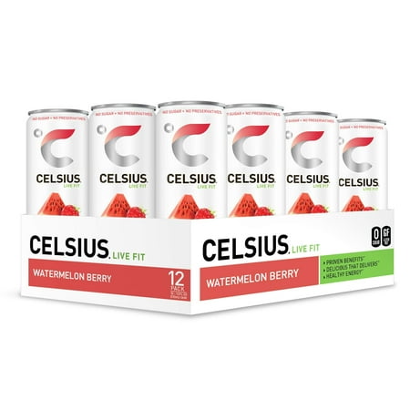 CELSIUS - Sweetened with Stevia - Watermelon Berry Carbonated Fitness Drink, ZERO Sugar, 12oz. Slim Can, 12 Pack