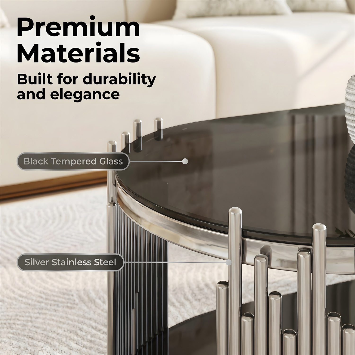 Hommoo Modern Oval Coffee Table with 2-Tier Tempered Glass Shelves & Organ Pipe Stainless Steel Base, Luxury Living Room Center Table, Black & Sliver