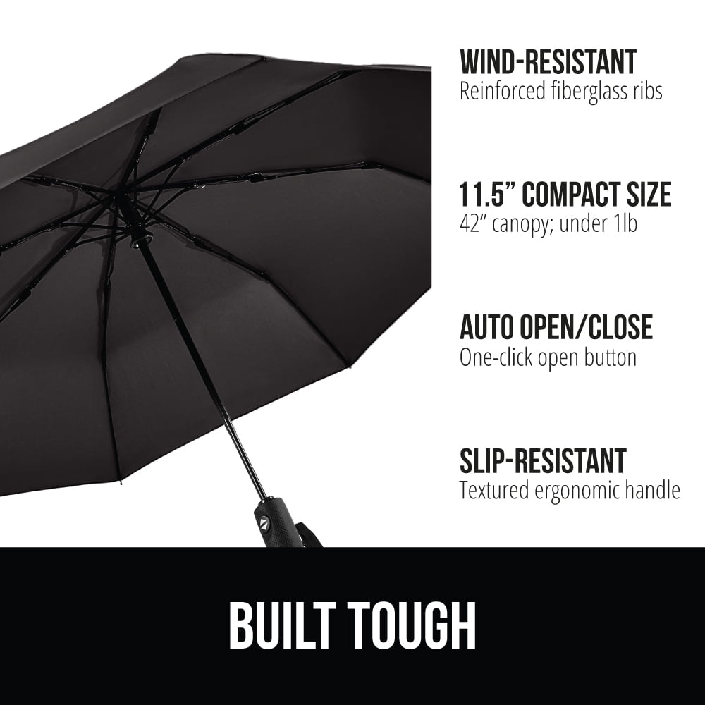 Wind and Tear Resistant Compact Rain Umbrella, 11.5 inch Compact Size, Black