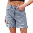 thumbnail image 1 of Aayomet Jeans for Women Washed Ripped Frayed Denim Side Slit Shorts (Blue, L), 1 of 5