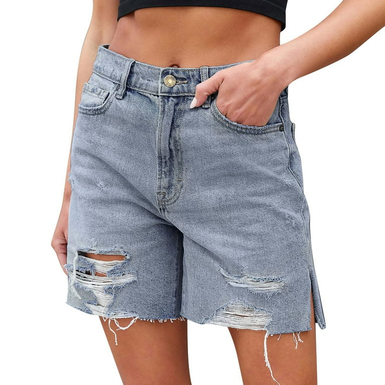 Durable Jean Shorts Sweat Shorts Women High Quality Jean Shorts WomensWomen Street Style Washed Ripped Frayed Denim Side Slit ShortsBlueS