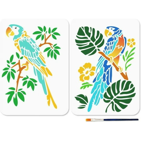 Parrot Stencil Birds Flowers Stencils 11.7x8.3inch Branch Leaves Reusable Plastic Stencils with Paint Brush Animal Templates for Craft on Window Wood Wall Home Decor DIY