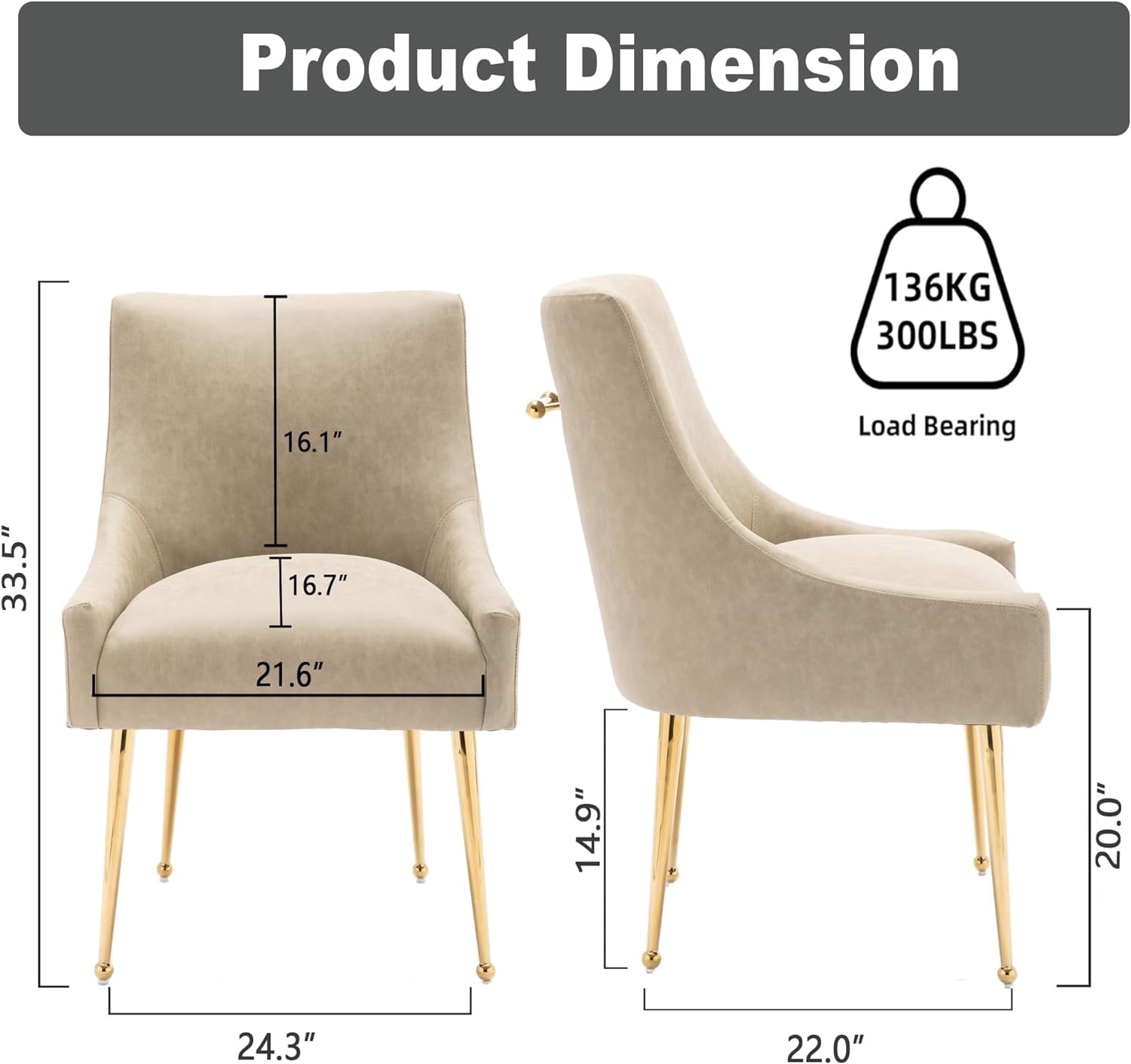 SEYNAR Modern Glam PU Leather Dining Chair or Vanity Chair Set of 2 with Rear Handle(Dark Apricot)