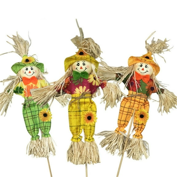 3 Pack 24 inch Fall Harvest Scarecrow Decorations, Thanksgiving Standing Scarecrow for Autumn with Bamboo Pole, Rustic Outdoor Scarecrow Halloween Decor for Garden, Yard, Lawn Supplies, Porch Sign