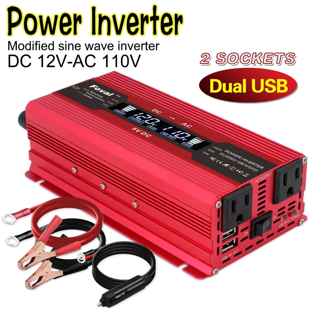LVYUAN 800 Watts Power Inverter Modified Sine Wave Car Converter Charger Adapter 2USB DC 12V to AC 110V 120V LCD Display Red