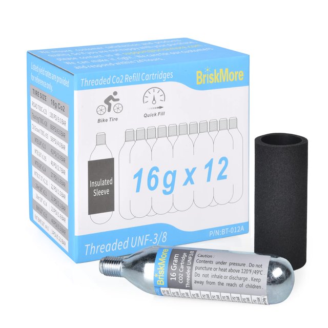 BriskMore Threaded CO2 Cartridges 16g - for All CO2 Bike Tire Inflators with Threaded Connection - Refill for Bicycle Tires - 12PCS Cartridges, Insulated Sleeve Included,Inflator Valve NOT Included.