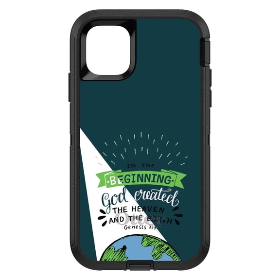 DistinctInk OtterBox Defender Custom Case for Apple iPhone 15 (6.1" Screen) - God Created the Heaven & the Earth - Slim Profile Design