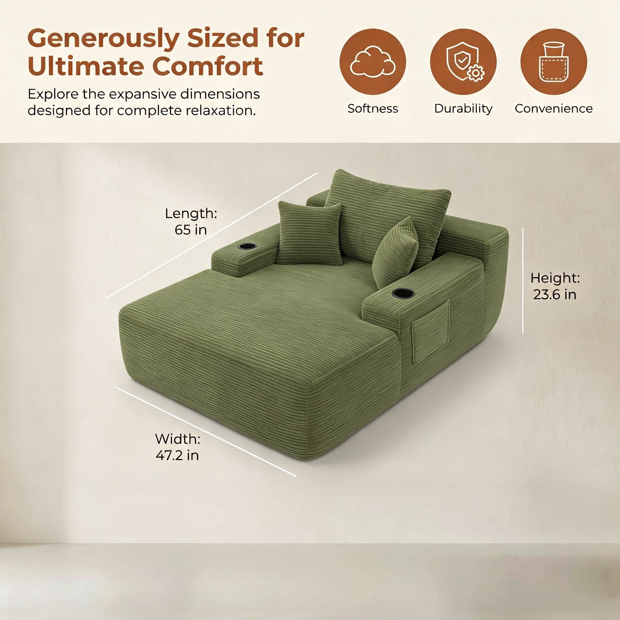 ShiKeyi 65'' Chaise Lounge Chair Indoor, Boneless Sofa Cloud, Plush Corduroy Chaise Couch with Cup Holders, Side Storage Pocket & Pillows, No Assembly Required, Green