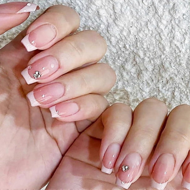 Set de uñas postizas cortas rosas estilo francés con purpurina, kit reutilizable de 24 piezas para mujer.
