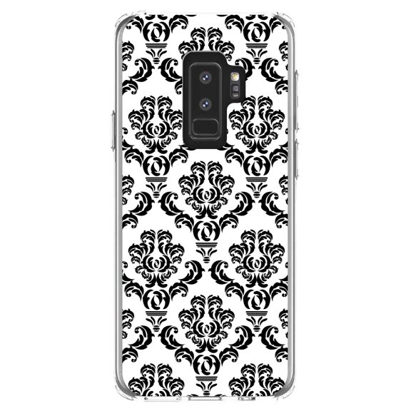 DistinctInk Clear Shockproof Hybrid Case for Samsung Galaxy S9  PLUS (6.2" Screen) - TPU Bumper, Acrylic Back, Tempered Glass Screen Protector - White Black Damask Pattern - Floral Damask Pattern