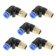 thumbnail image 1 of Conectores de aire de empuje únicos Bargains 5/32" unión rápida de línea de aire de 90 grados plástico metal 1/8" BSPT 5 piezas azul negro tono dorado, 1 of 1