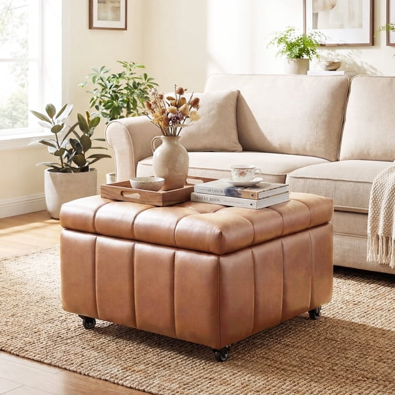 Poshby Square Faux Leather Storage Ottoman, Coffee Table Footrest Stool with Pulley Legs for Living Room or Bedroom, Brown