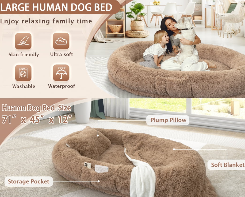 Oversize Human Dog Bed Memory Foam Bed with Plump Pillow and Blanket Khaki 71"L x 45"W x 12"Th
