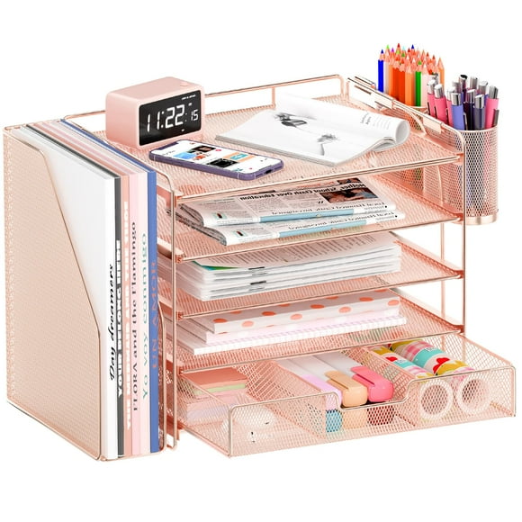 Organizador de escritorio OPNICE, archivo de papel de 5 niveles con cajón y soporte para bolígrafos