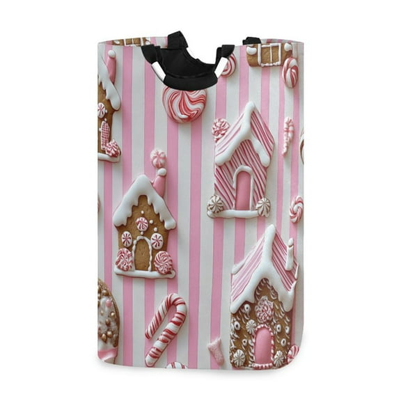Yayeee Freestanding Laundry Hamper with Handle Collapsible Large Storage Basket for Clothes, Pink Gingerbread Houses