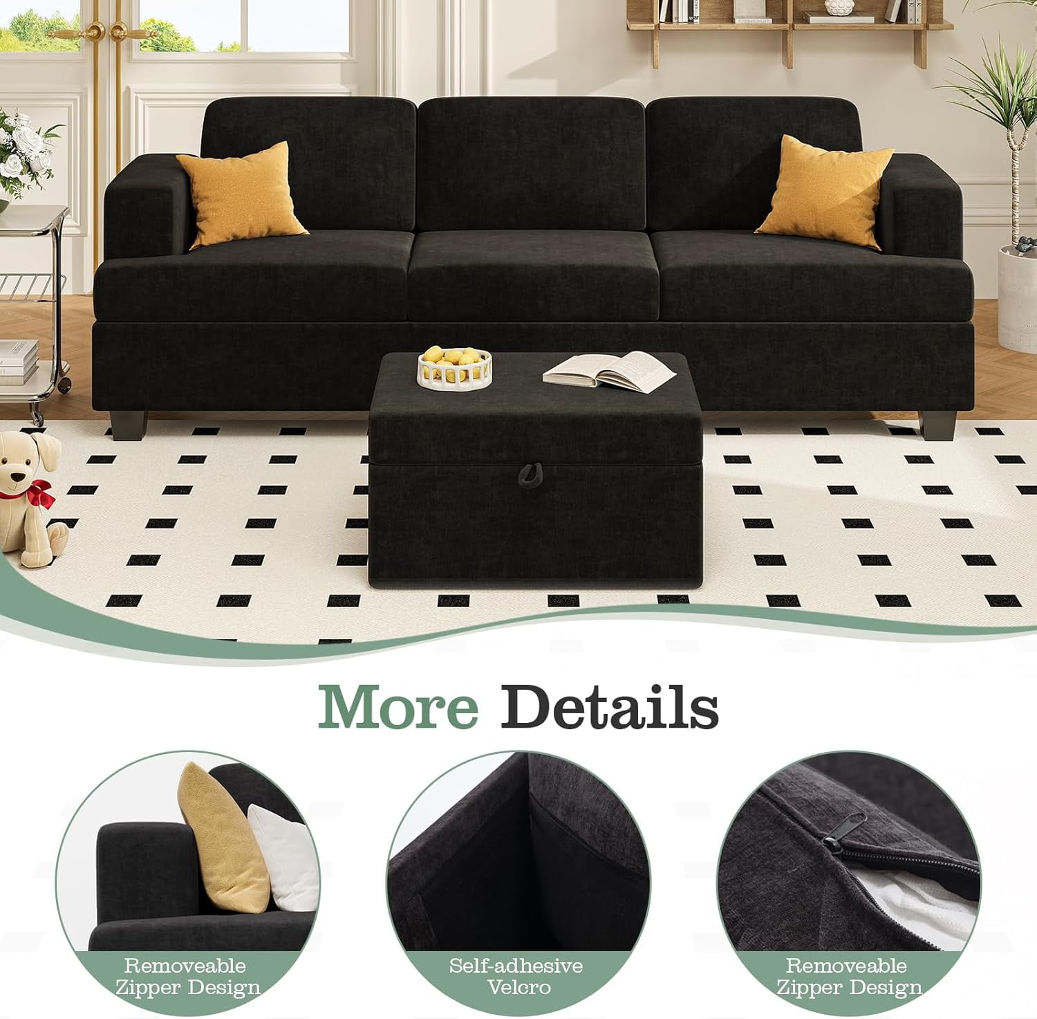Techmilly Modern Comfy Deep Seat Sofa,3 Seater,for Living Room Bedroom,Apartment,Lounge,Dark Gray Chenille