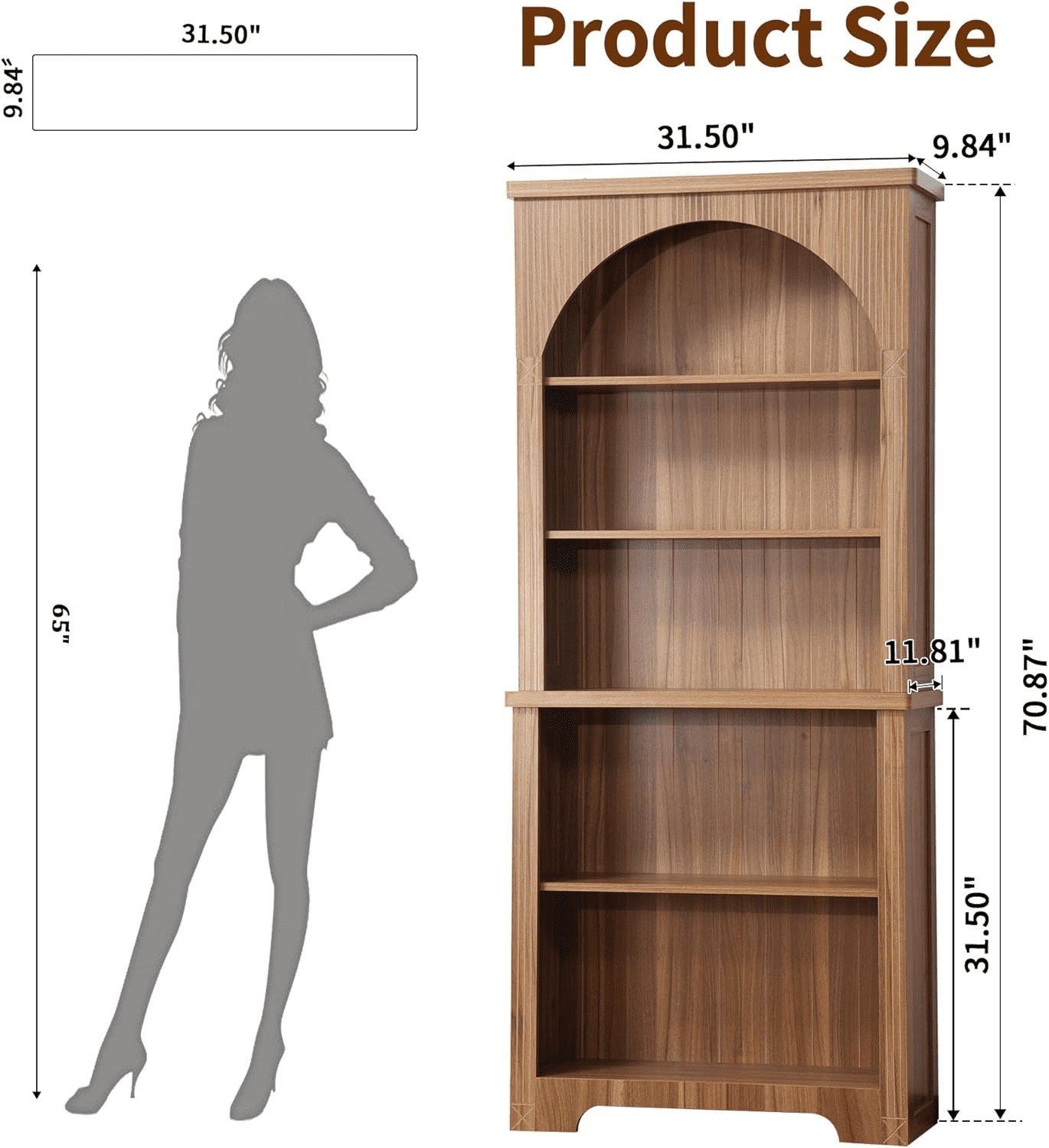 LEFHDA 2PCS 71" Tall Bookshelf, 5-Tier Bookshelf, Farmhouse Arched Bookcase, Open Display Storage Shelf Adjustable Bookshelf for Home Office, Living Room(Walunt)