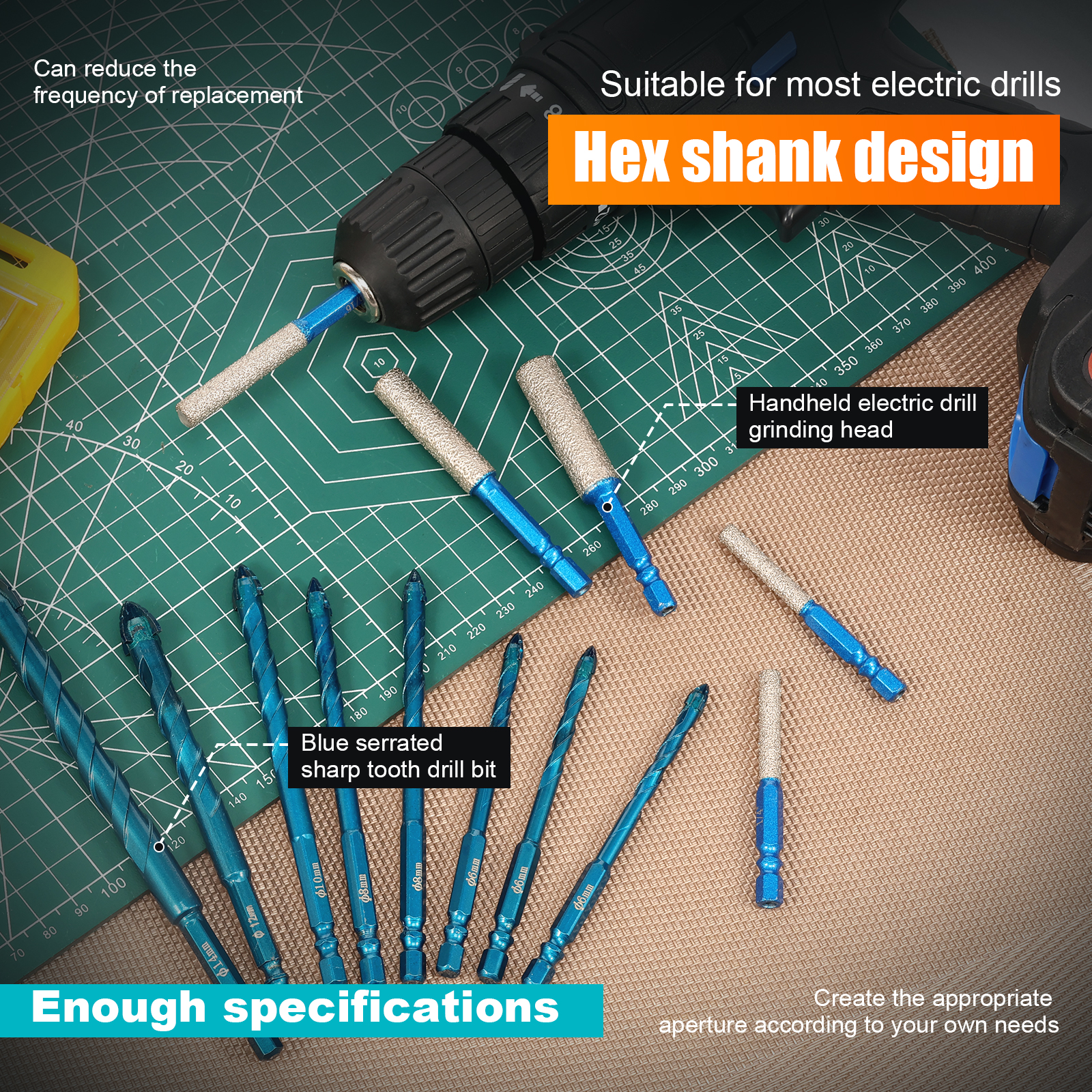 13PCS Diamond Drill Bit Set 5 Size Serrated Masonry Drill Bit and 4 Size Diamond Drill Bit Set with 1/4" Hex Shank for Glass Ceramic Porcelain Marble Granite