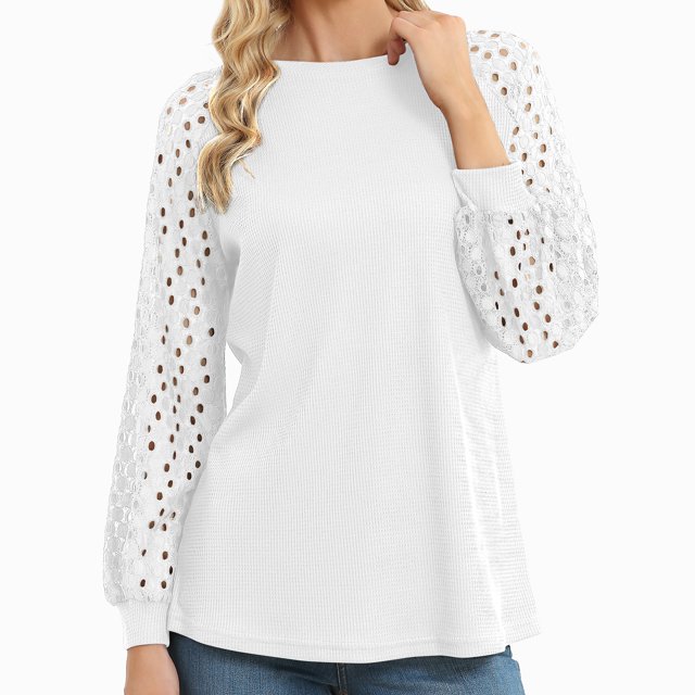 Blusa de color puro, blusa larga con cuello redondo y empalme de encaje hueco, camisa de manga larga hueca, calidad de nivel superior