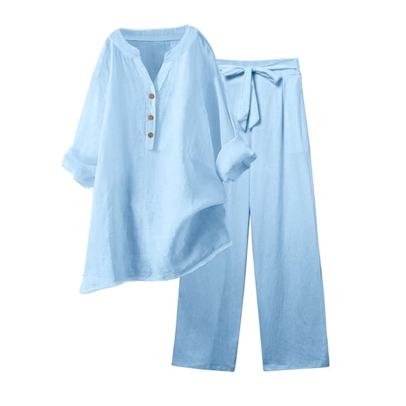 CIENVNSTG 2 Piece Sets Woman Trendy V-Neck Long Sleeve Linen Shirt Top Drawstring Straight Pants Set Sky Blue S