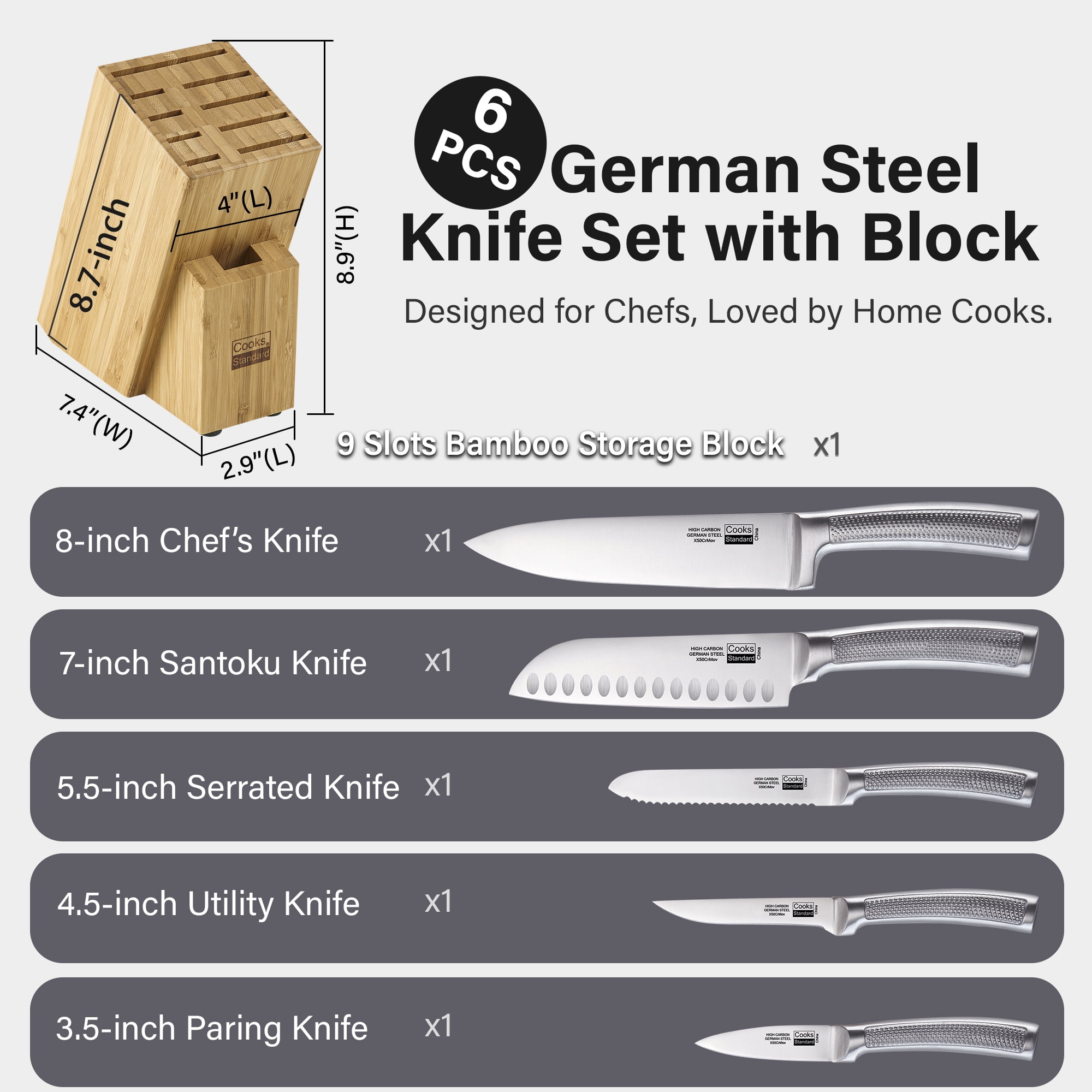Cooks Standard Classic Bamboo Kitchen Cutlery Block Set with Knifes, Stainless Steel Forge High Carbon German Blade with Expandable Bamboo Storage Block for Extra Slots, 6-Piece