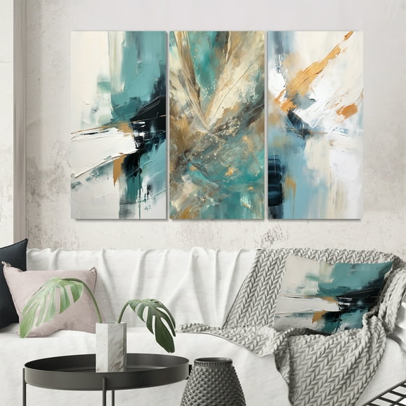 Designart "Aquamarine Fortuity Abstract Canvas III" Abstract Painting Wall Art Set Of 3 - Modern Turquoise Gallery Wall Set For Home Decor