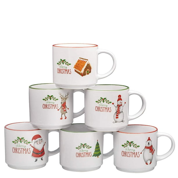 Set of 6 Largesized 14 Ounce Ceramic Coffee Mugs Christmas Theme
