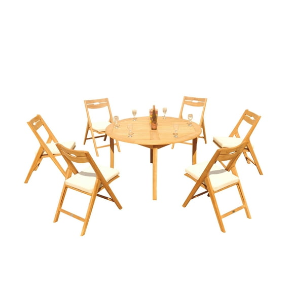 Grade-A Teak Dining Set: 6 Seater 7 Pc: 52" Round Table And 6 Surfliner Folding Reclining Arm Chairs Outdoor Patio WholesaleTeak #51SL1107